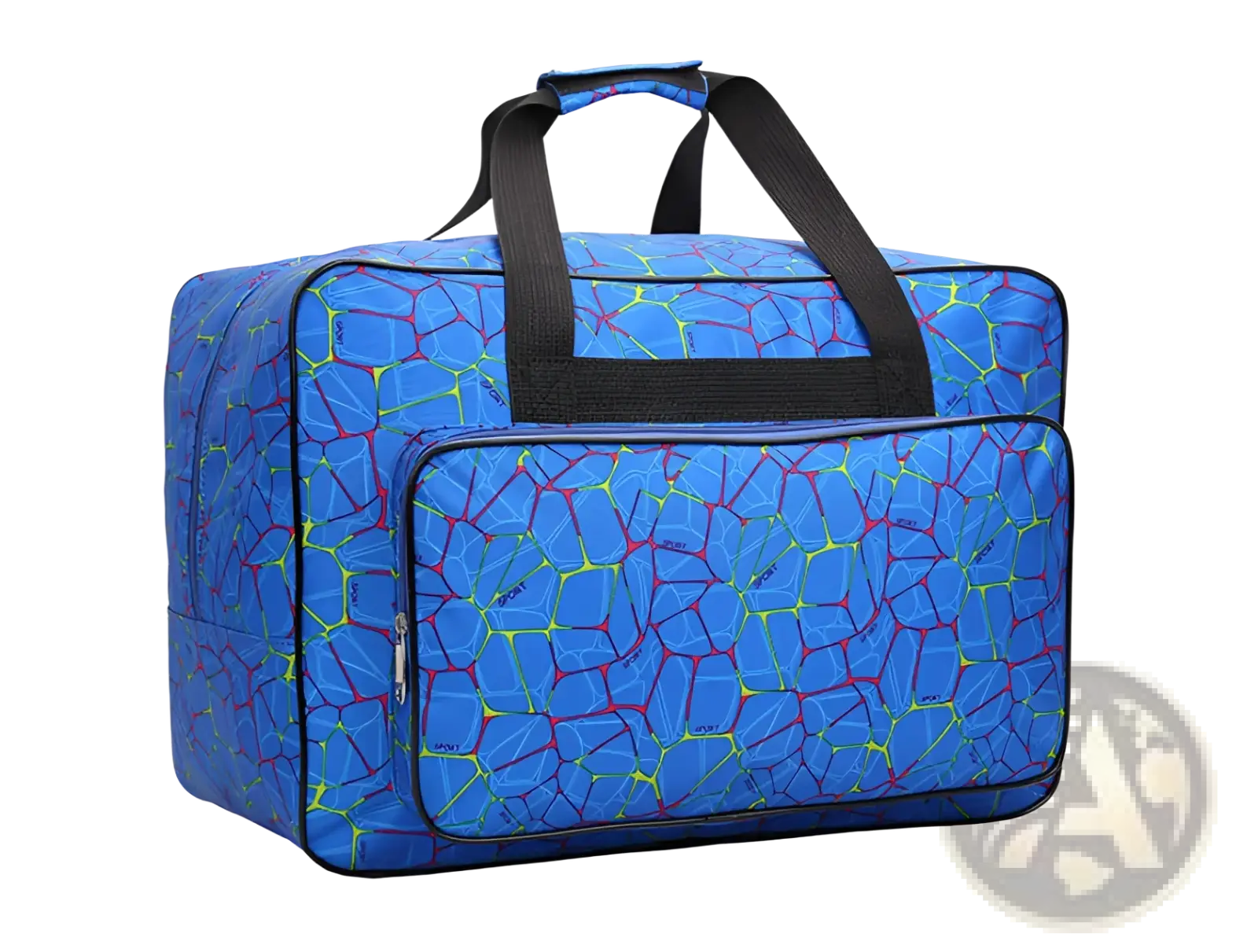 Blue multifunctional nylon travel duffel bag with vibrant red and yellow cracked pattern and black handles and trim