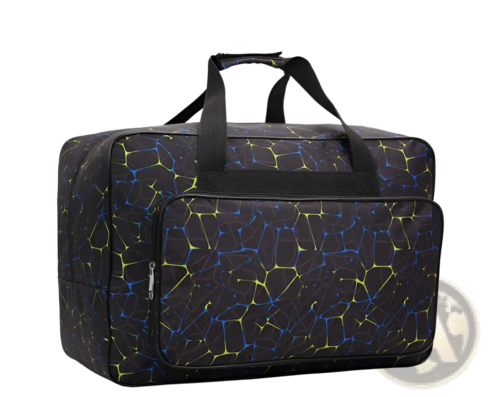 Multifunctional cracked pattern nylon travel duffel bag in black with vibrant yellow and blue crackle design and sturdy handles