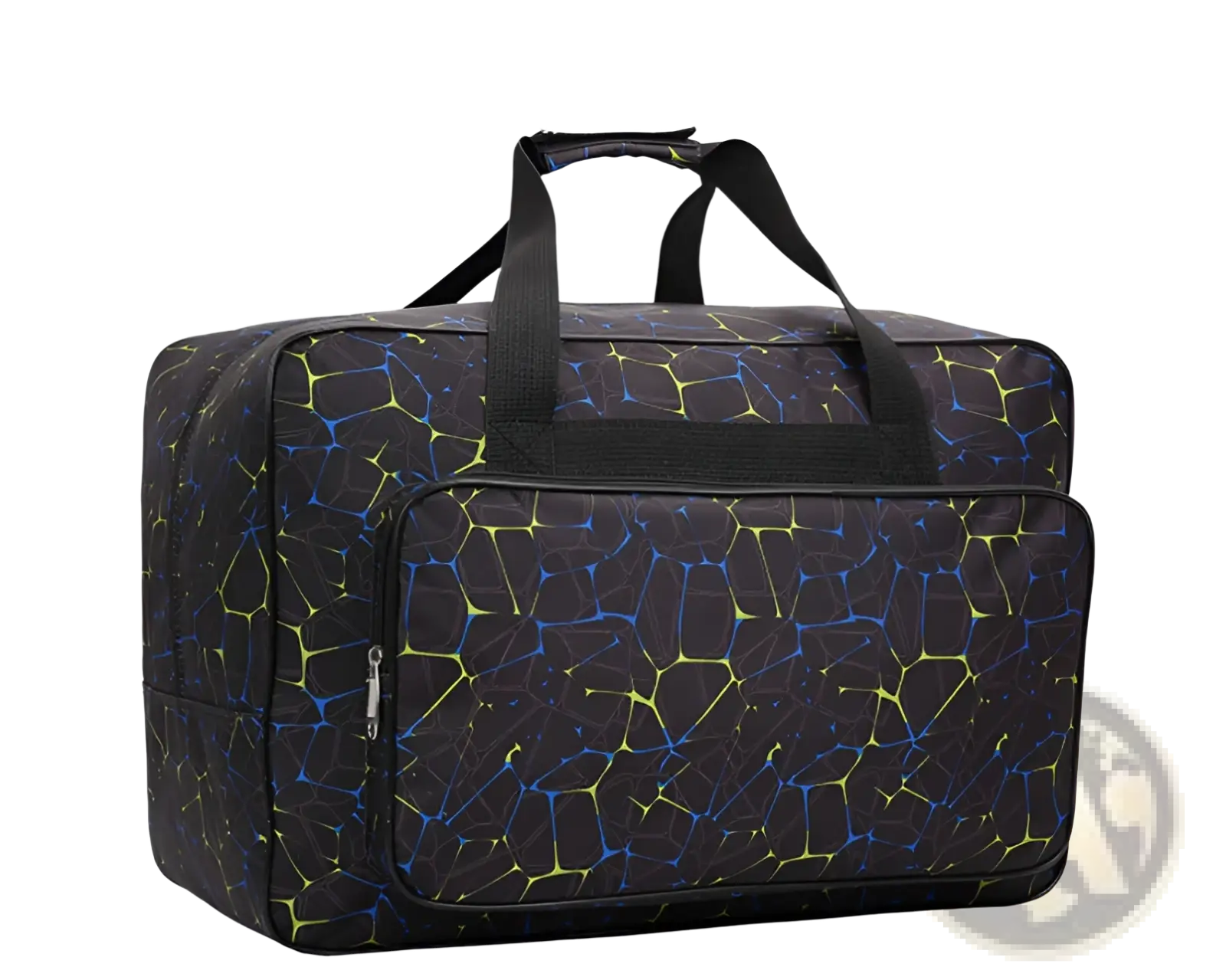 Multifunctional cracked pattern nylon travel duffel bag in black with vibrant yellow and blue crackle design and sturdy handles