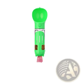 Multifunctional bright green plastic dog water bottle with transparent kibble dispenser and pink poop bags hanging below
