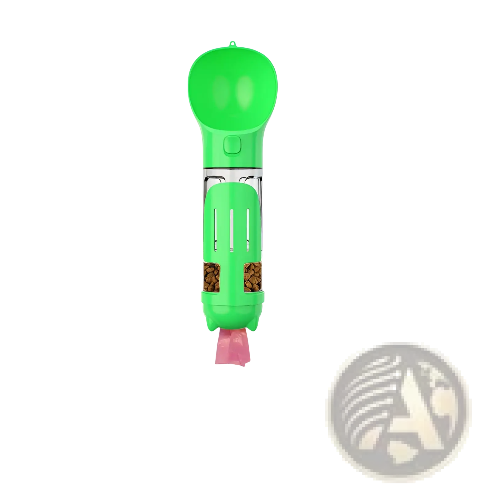 Multifunctional bright green plastic dog water bottle with transparent kibble dispenser and pink poop bags hanging below