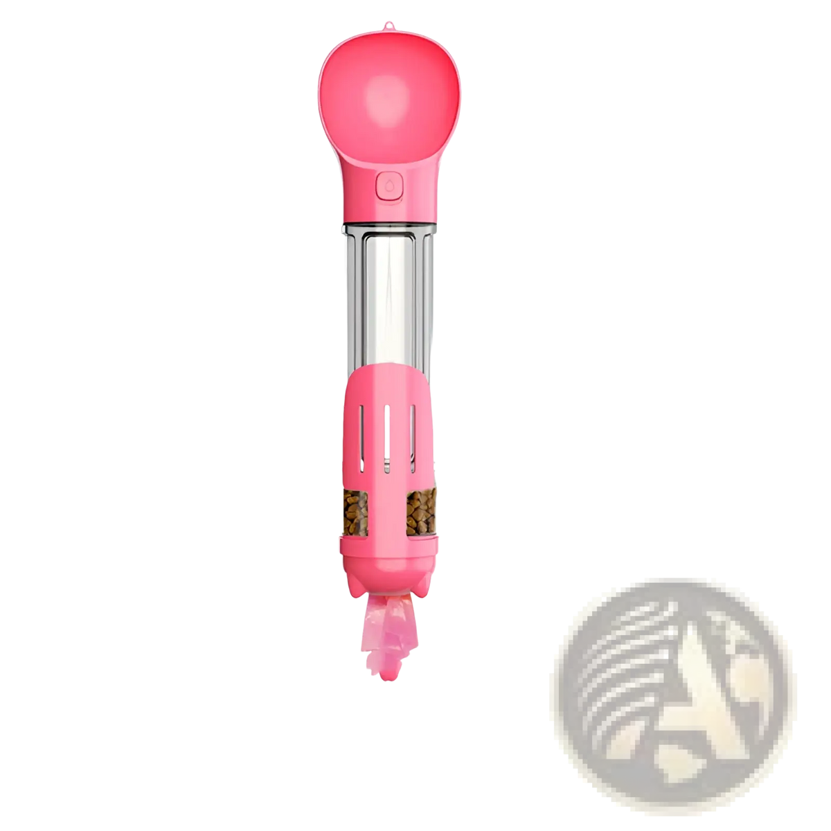 Pink plastic multifunctional dog water bottle and food dispenser with transparent tube for convenient pet feeding