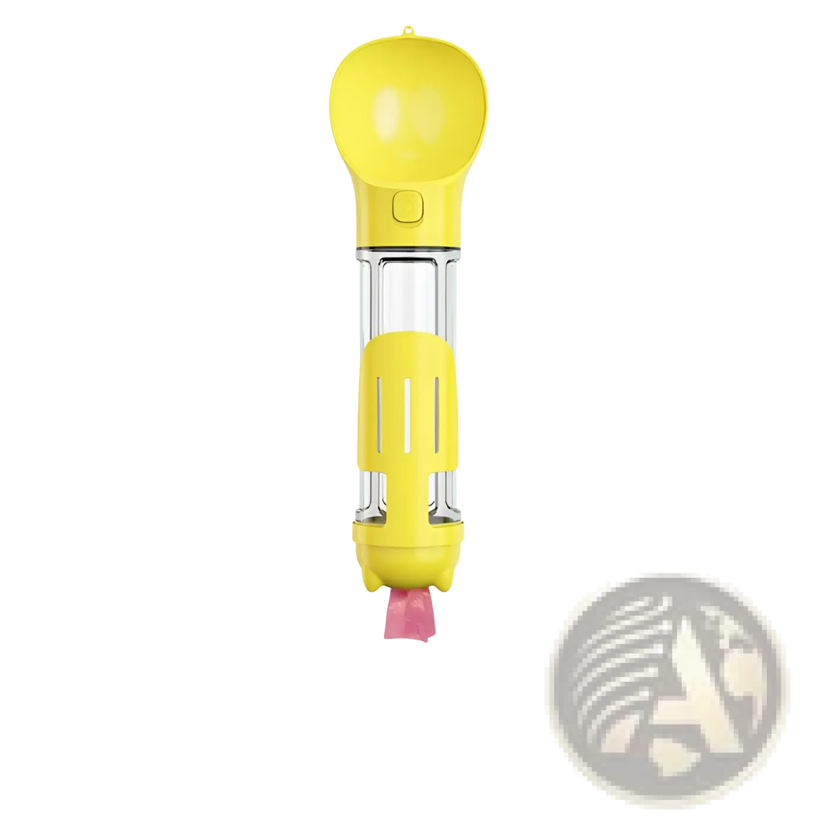 Multifunctional dog water bottle with bright yellow body clear central chamber and pink spout for portable hydration