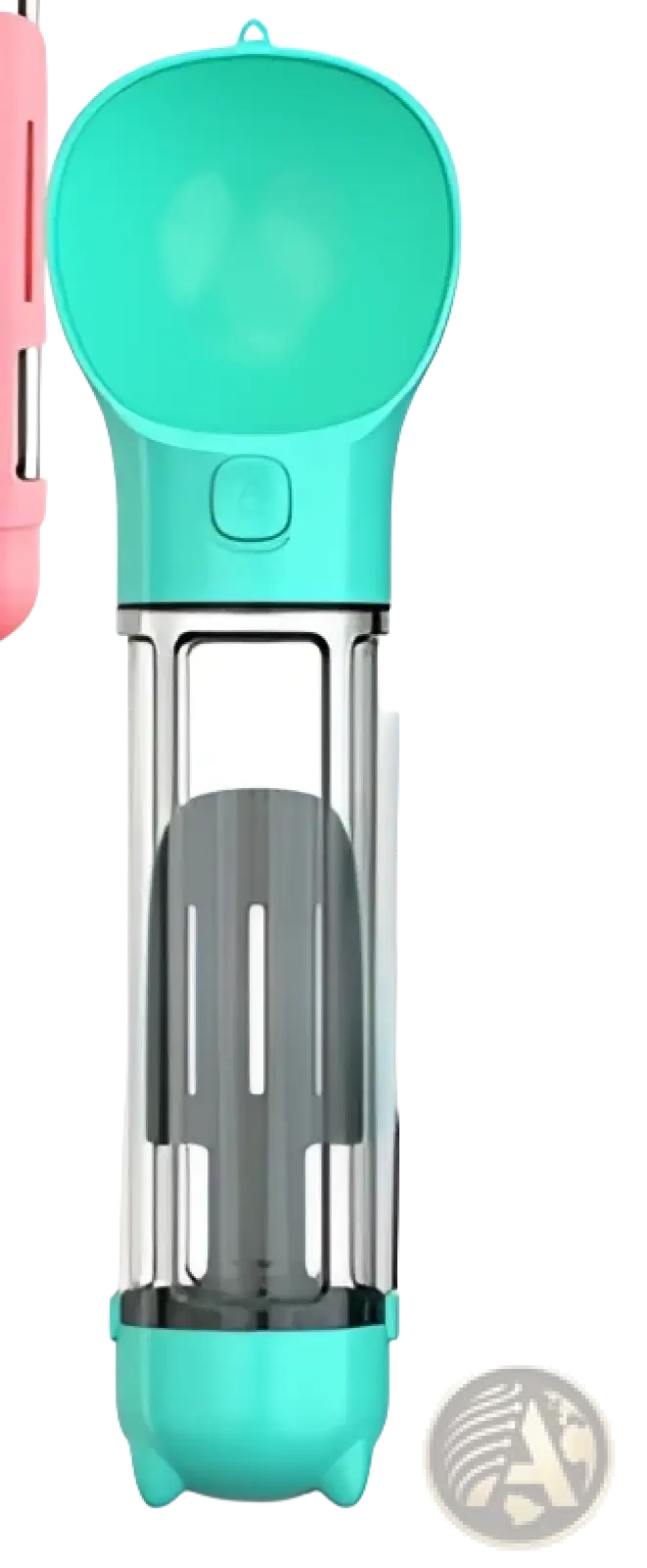 Multifunctional teal plastic dog water bottle with built-in scoop and transparent tube for hydration and waste disposal