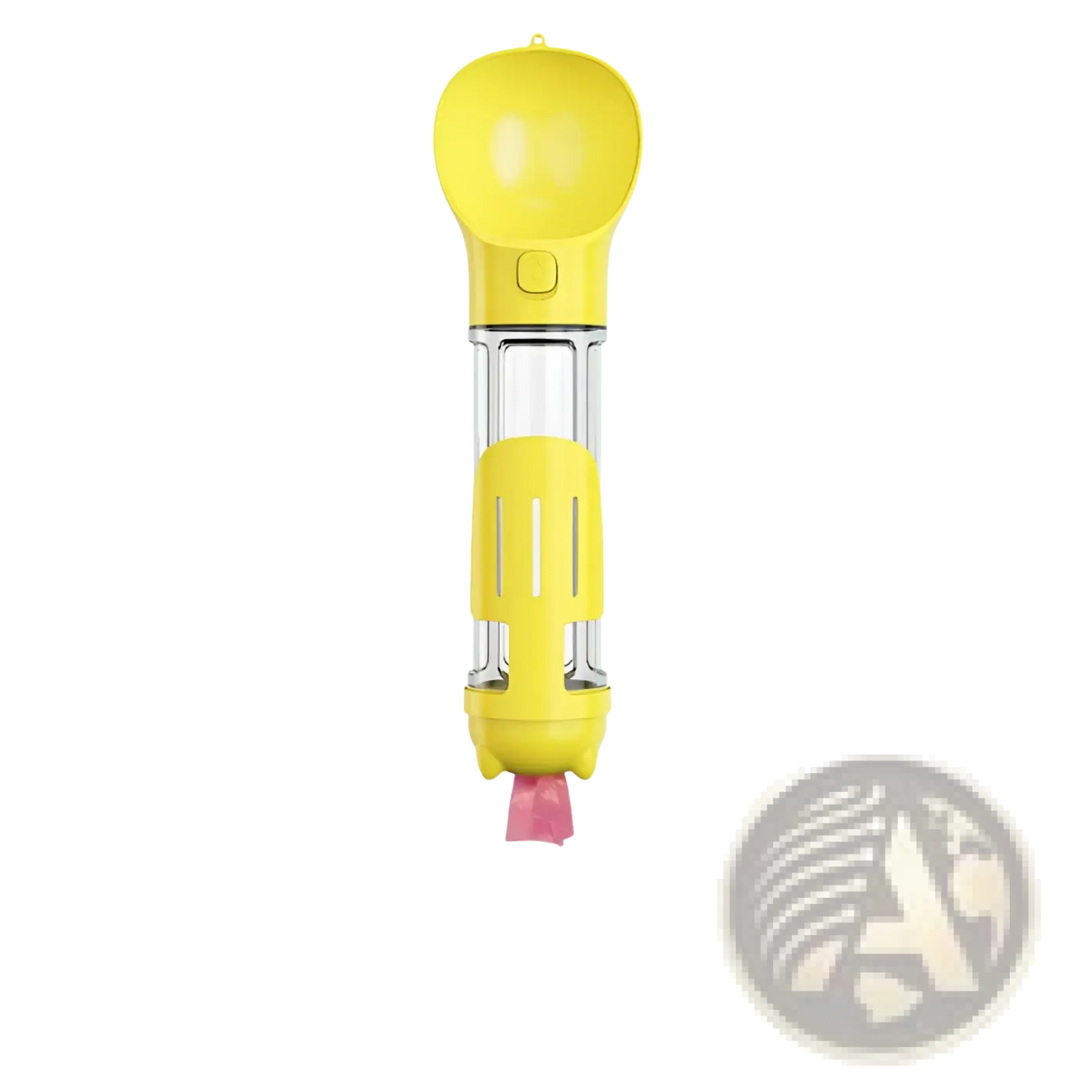 Multifunctional dog water bottle and poop bag dispenser with yellow plastic, clear glass, and pink spout