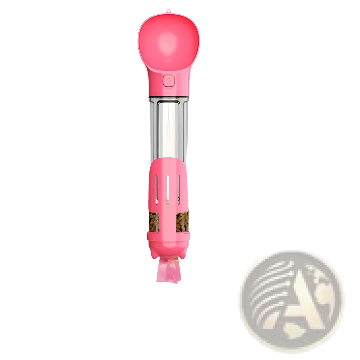 Multifunctional dog water bottle and poop bag dispenser in pink plastic with transparent tube and rounded top cap