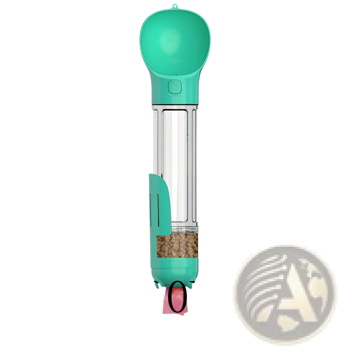 Teal plastic multifunctional dog water bottle with transparent 500ml body and detachable scoop top for hydration and waste