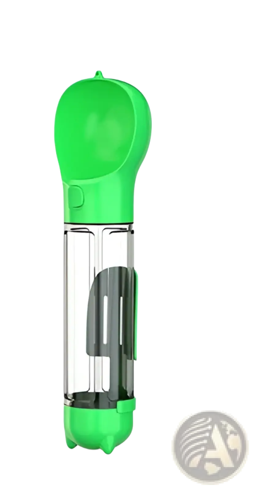 Multifunctional dog water bottle in bright green plastic with transparent chamber and built-in filter system
