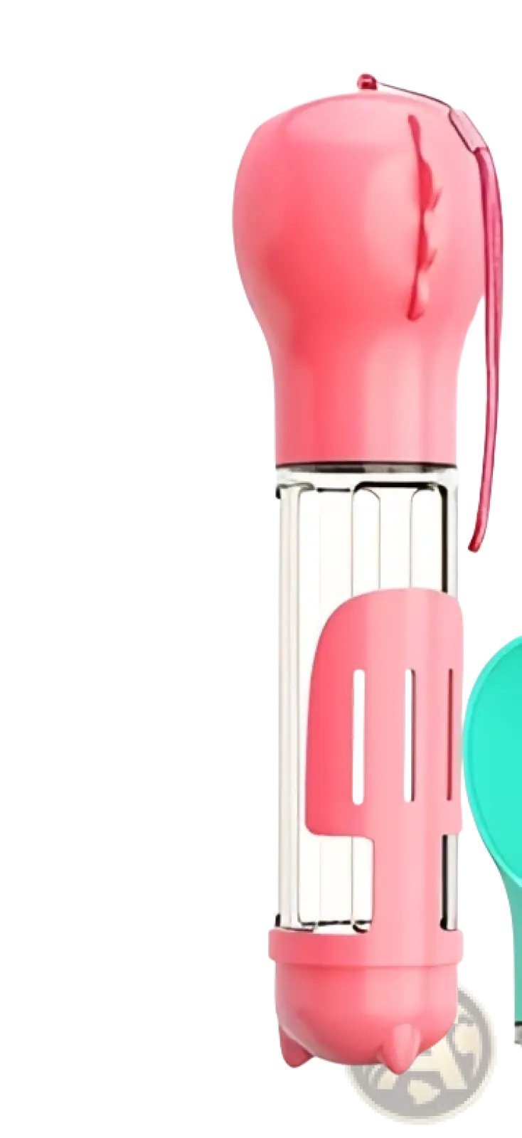 Pink plastic and glass multifunctional dog water bottle with matching lid handle and base for drinking and waste disposal
