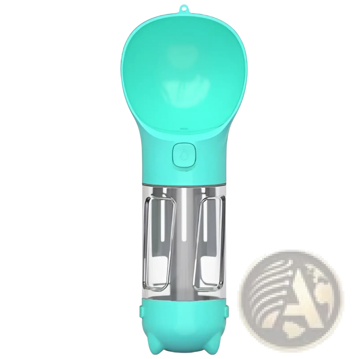Teal plastic multifunctional dog water bottle with spoon-shaped top and clear cylindrical body for pet hydration