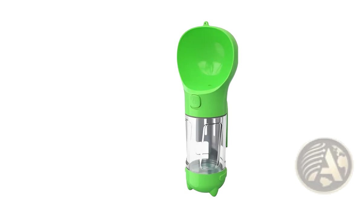 Multifunctional dog water bottle with bright green silicone accents and clear plastic body for portable pet hydration