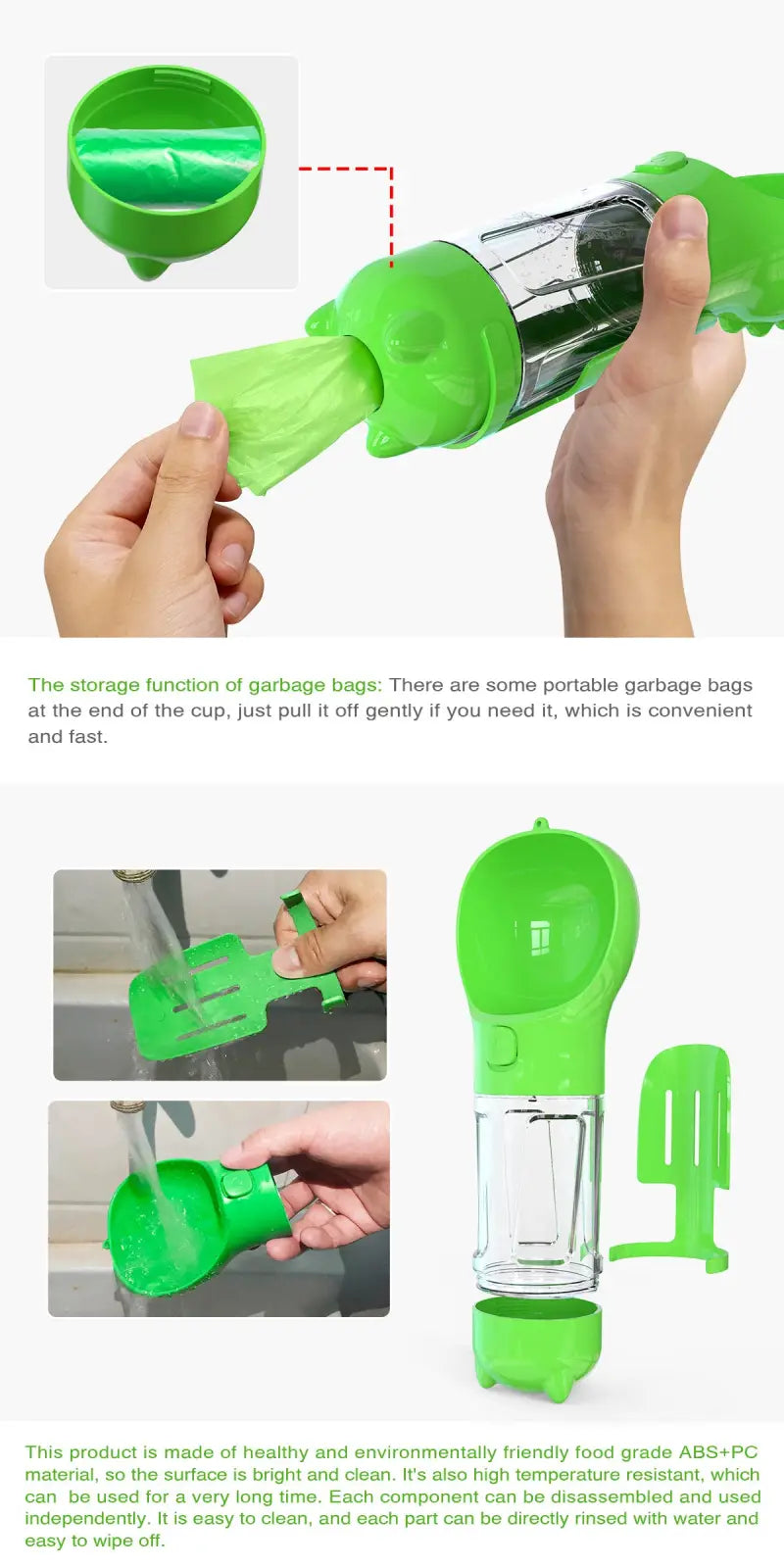 Multifunctional dog water bottle and poop bag dispenser with green plastic exterior, clear glass center, and detachable lid