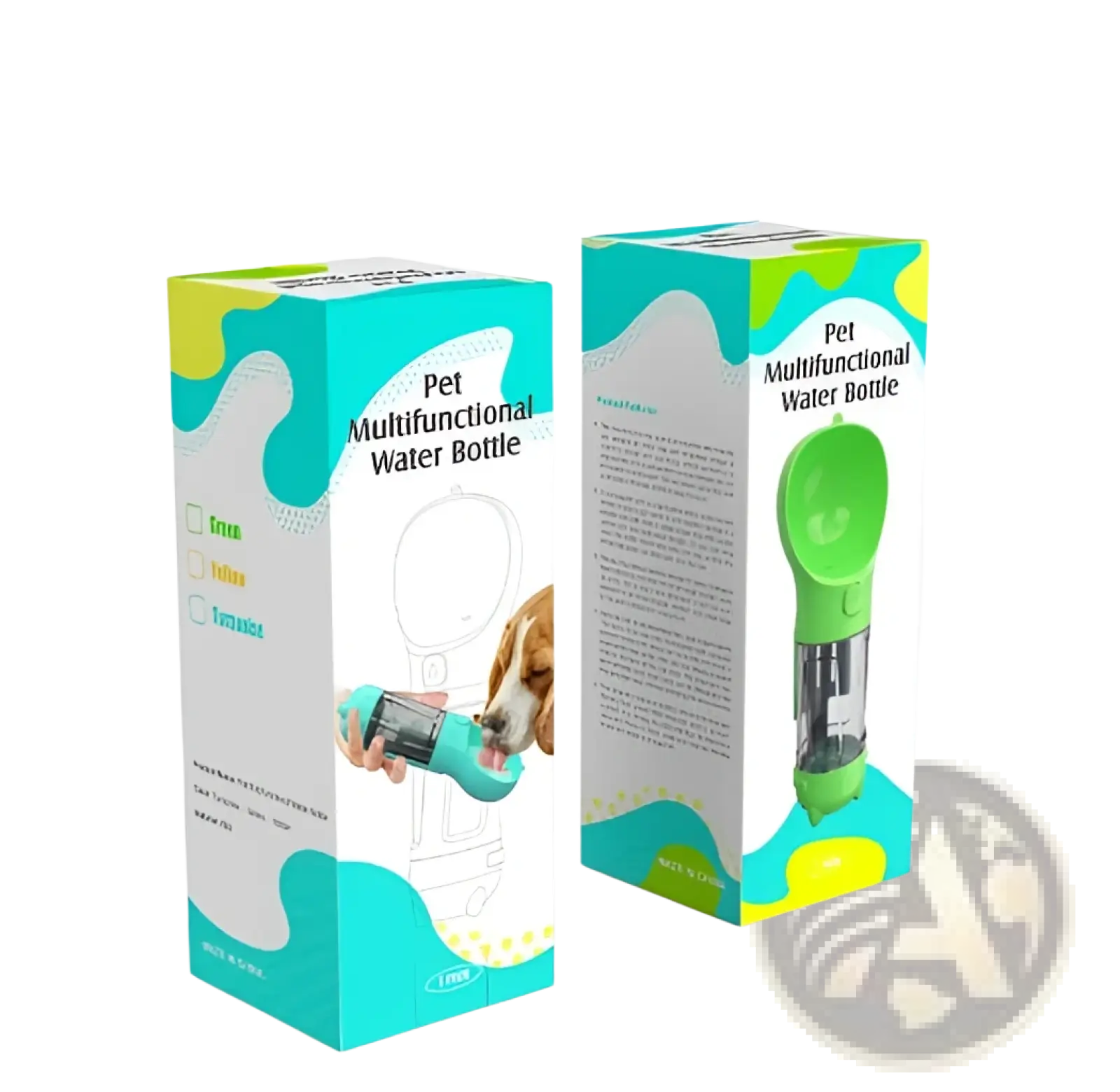 Multifunctional green plastic dog water bottle with spout and transparent section for hydration and waste disposal