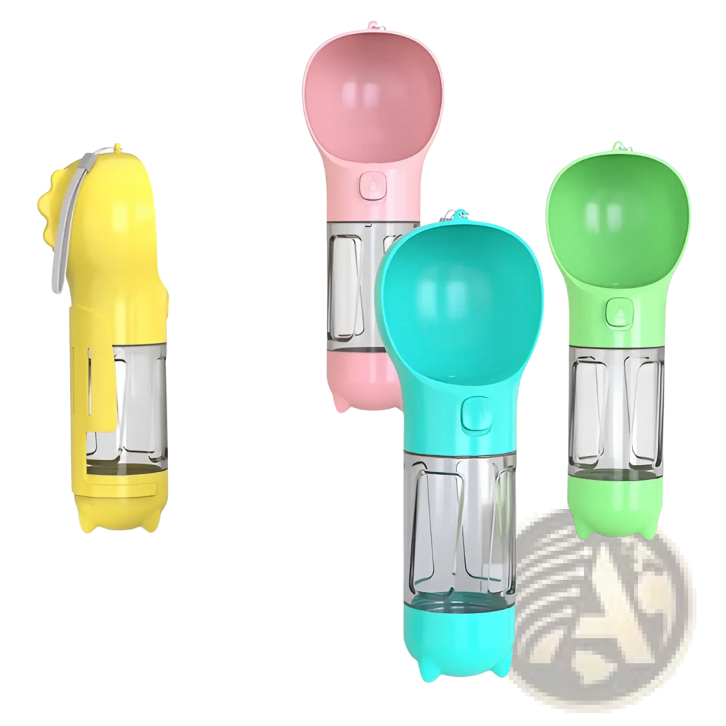 Multifunctional dog water bottles and poop bag dispensers in bright yellow pink and teal with clear plastic bodies and dinosaur tops