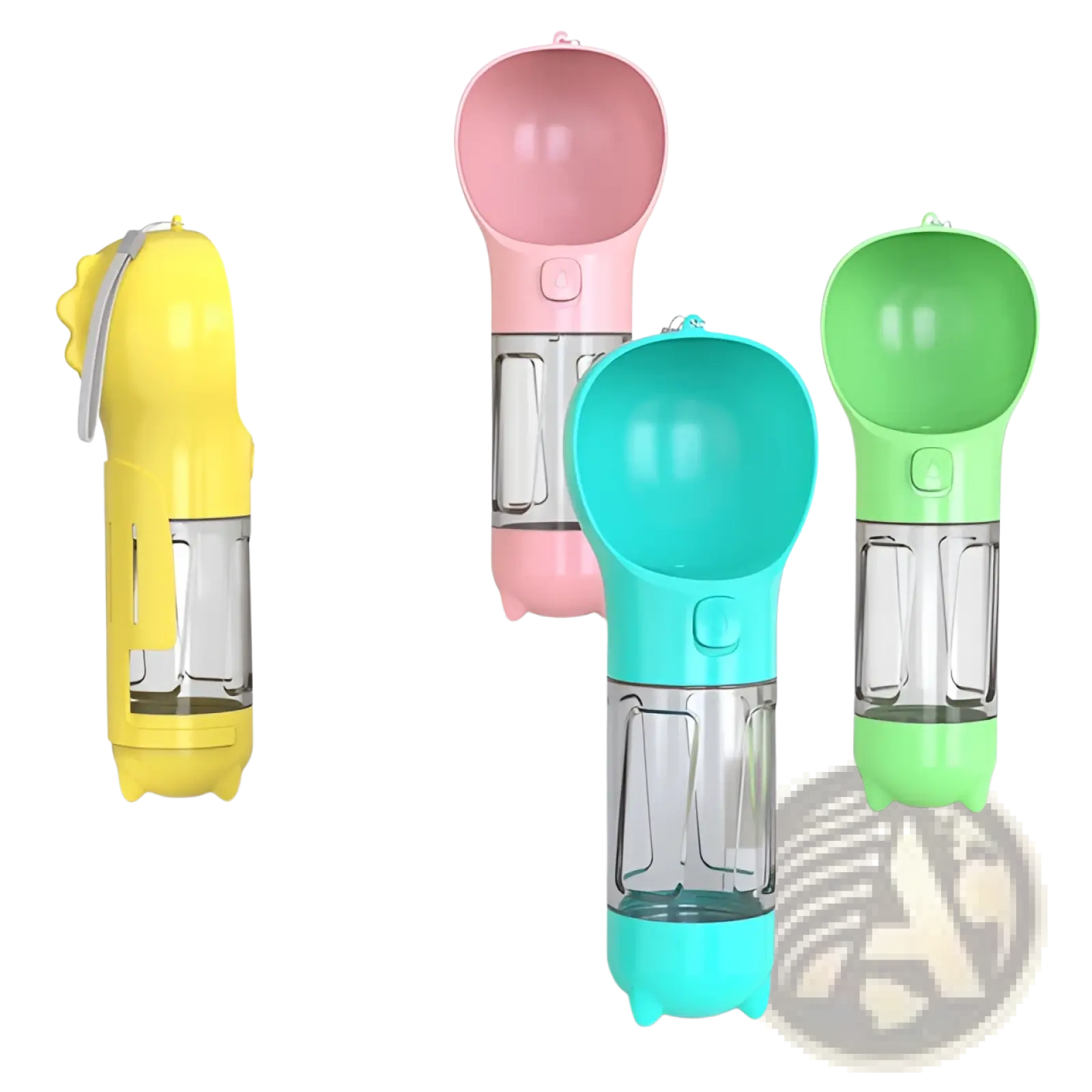 Multifunctional dog water bottles and poop bag dispensers in bright yellow pink and teal with clear plastic bodies and dinosaur tops