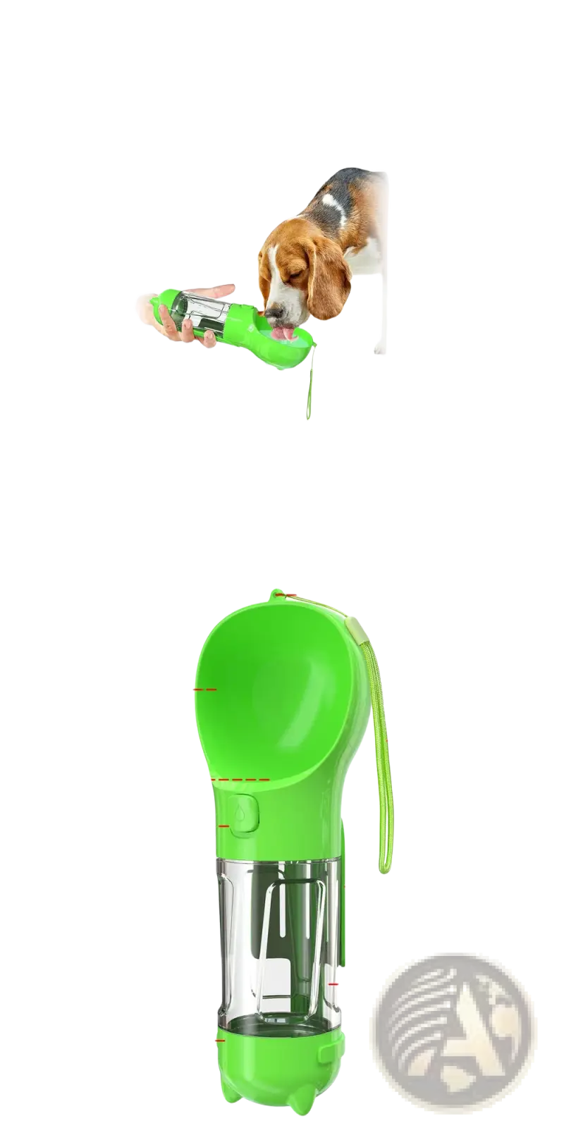 Multifunctional bright green dog water bottle with one-button lock, poop shovel, and garbage bag storage compartment
