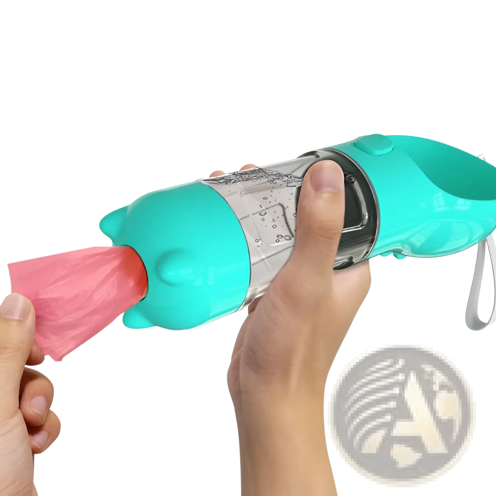 Multifunctional dog water bottle in teal plastic with clear section and pink poop bag dispenser for outdoor use