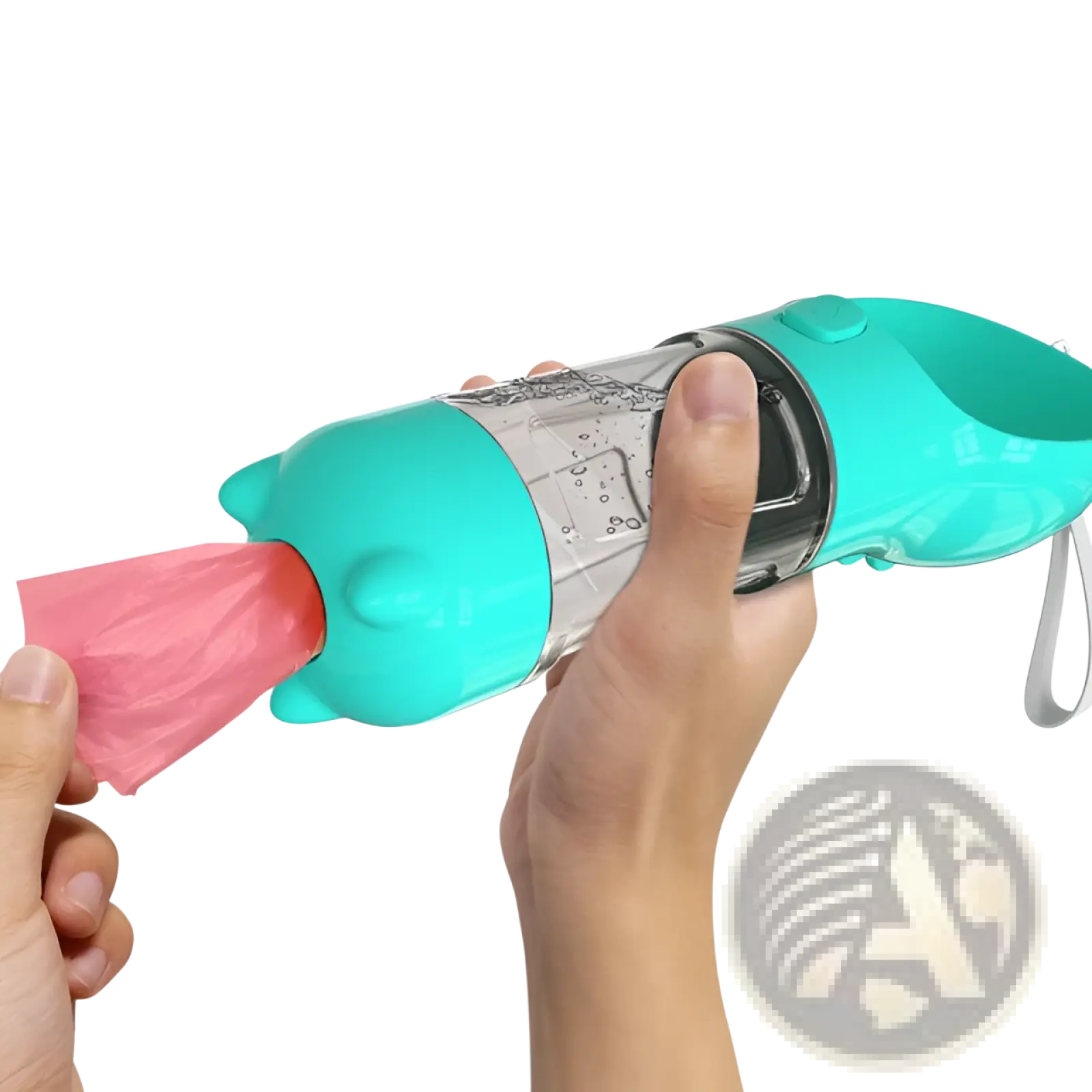 Multifunctional dog water bottle in teal plastic with clear section and pink poop bag dispenser for outdoor use