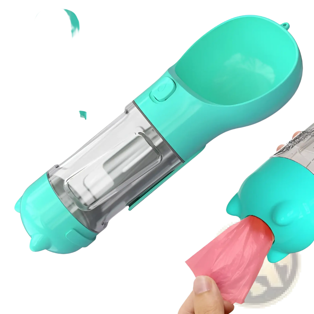 Multifunctional teal plastic dog water bottle with clear reservoir and pink disposable poop bag dispenser spout