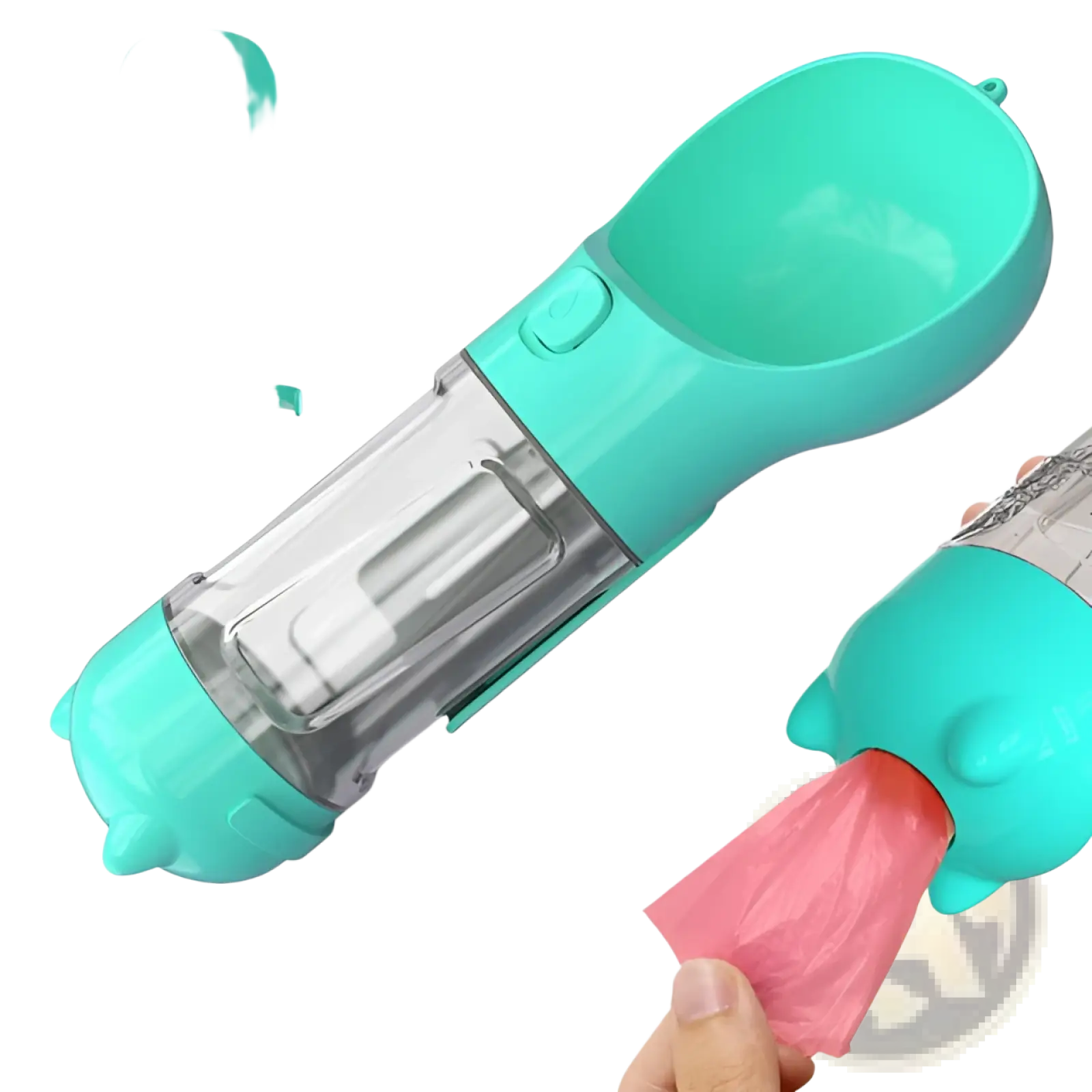 Multifunctional teal plastic dog water bottle with clear reservoir and pink disposable poop bag dispenser spout