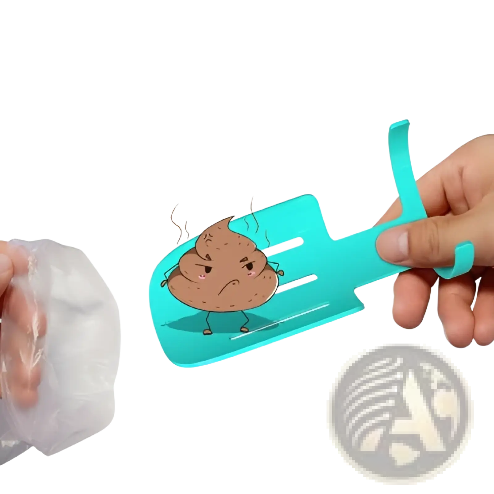 Multifunctional teal plastic dog water bottle with poop bag dispenser and cartoon poop character shovel design