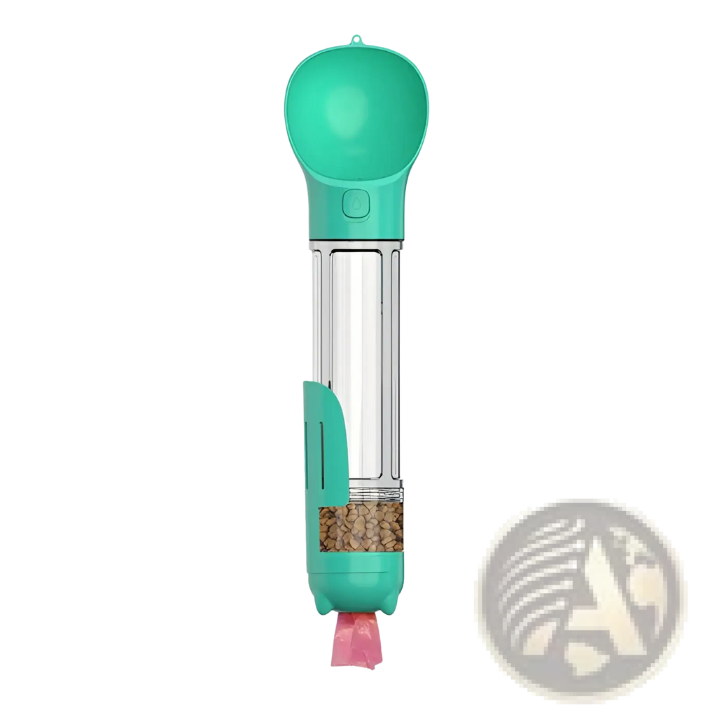 Multifunctional dog water bottle and poop bag dispenser in teal with clear tube pink bag dispenser and scoop top
