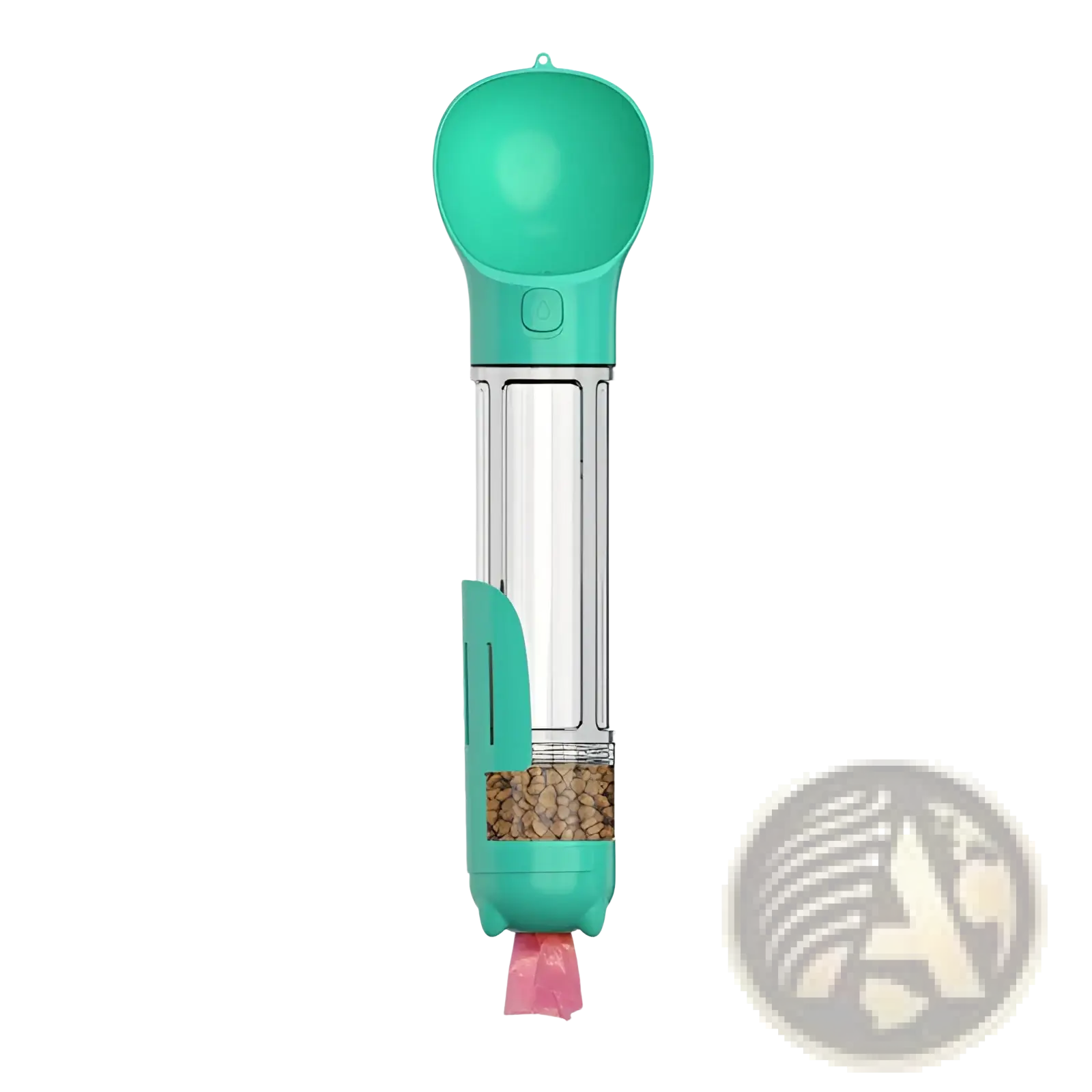 Multifunctional dog water bottle and poop bag dispenser in teal with clear tube pink bag dispenser and scoop top