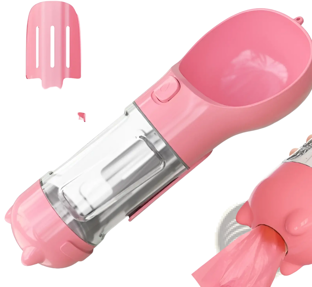 Multifunctional dog water bottle and poop bag dispenser with pink plastic reservoir and easy-drink spout for pets