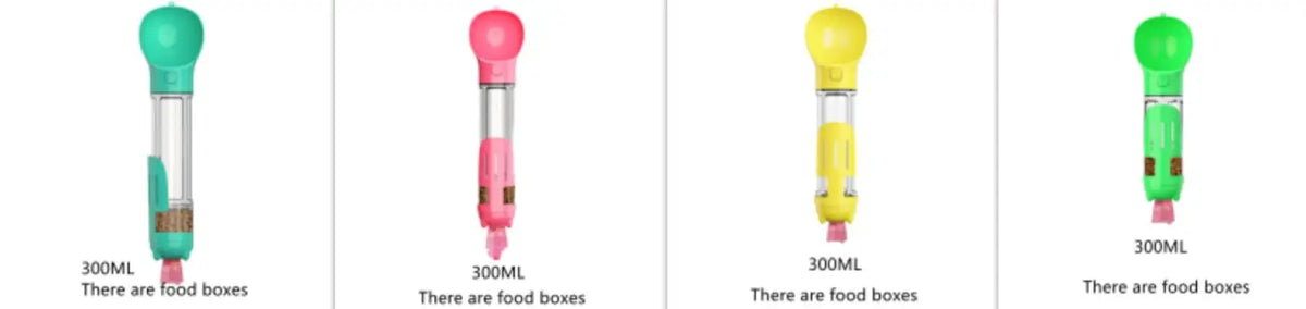 Four 300ml multifunctional dog water bottles with colorful handles and transparent plastic bodies for travel use