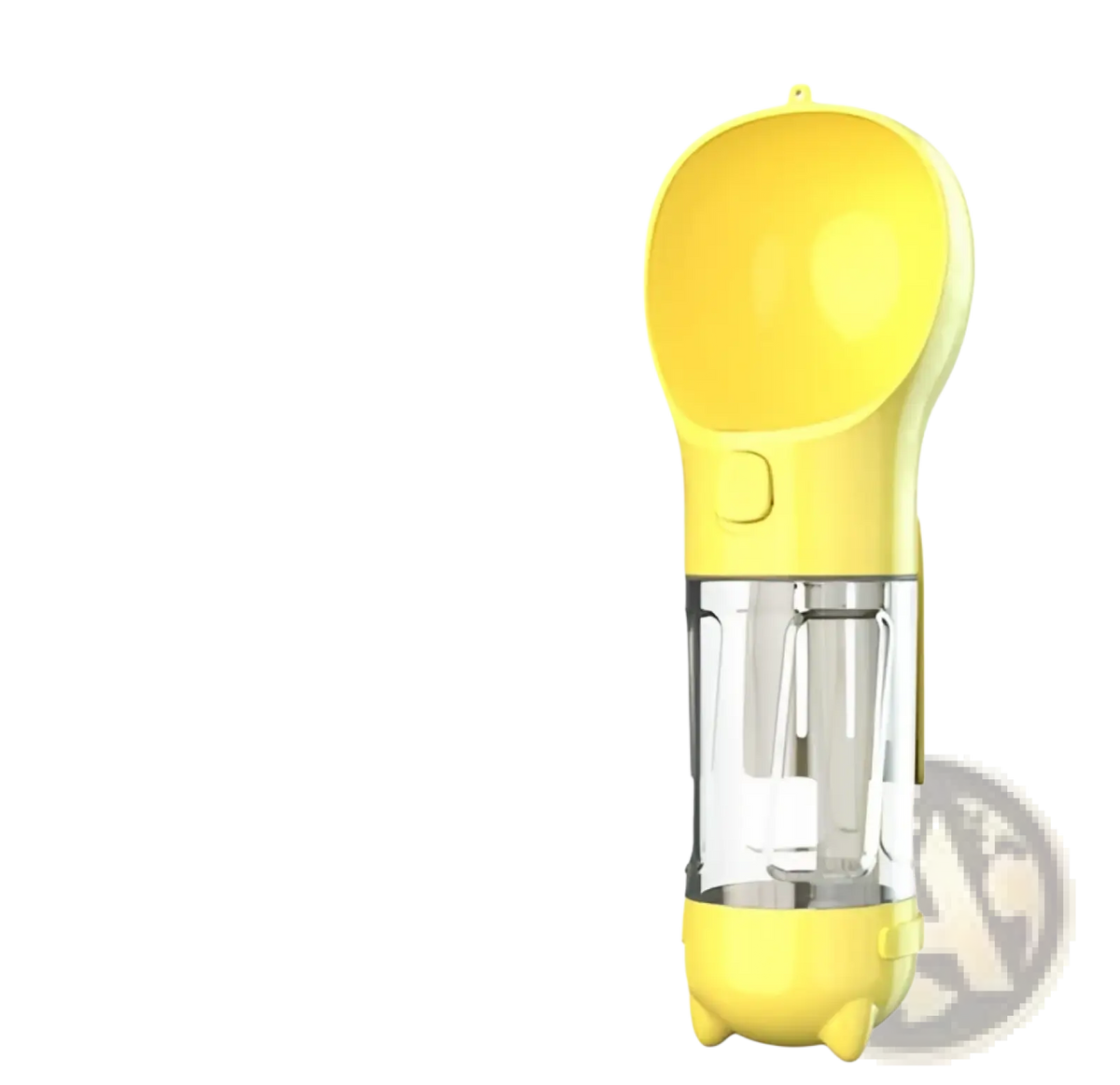 Multifunctional dog water bottle and poop bag dispenser with yellow plastic, clear reservoir, and rounded cat-like feet