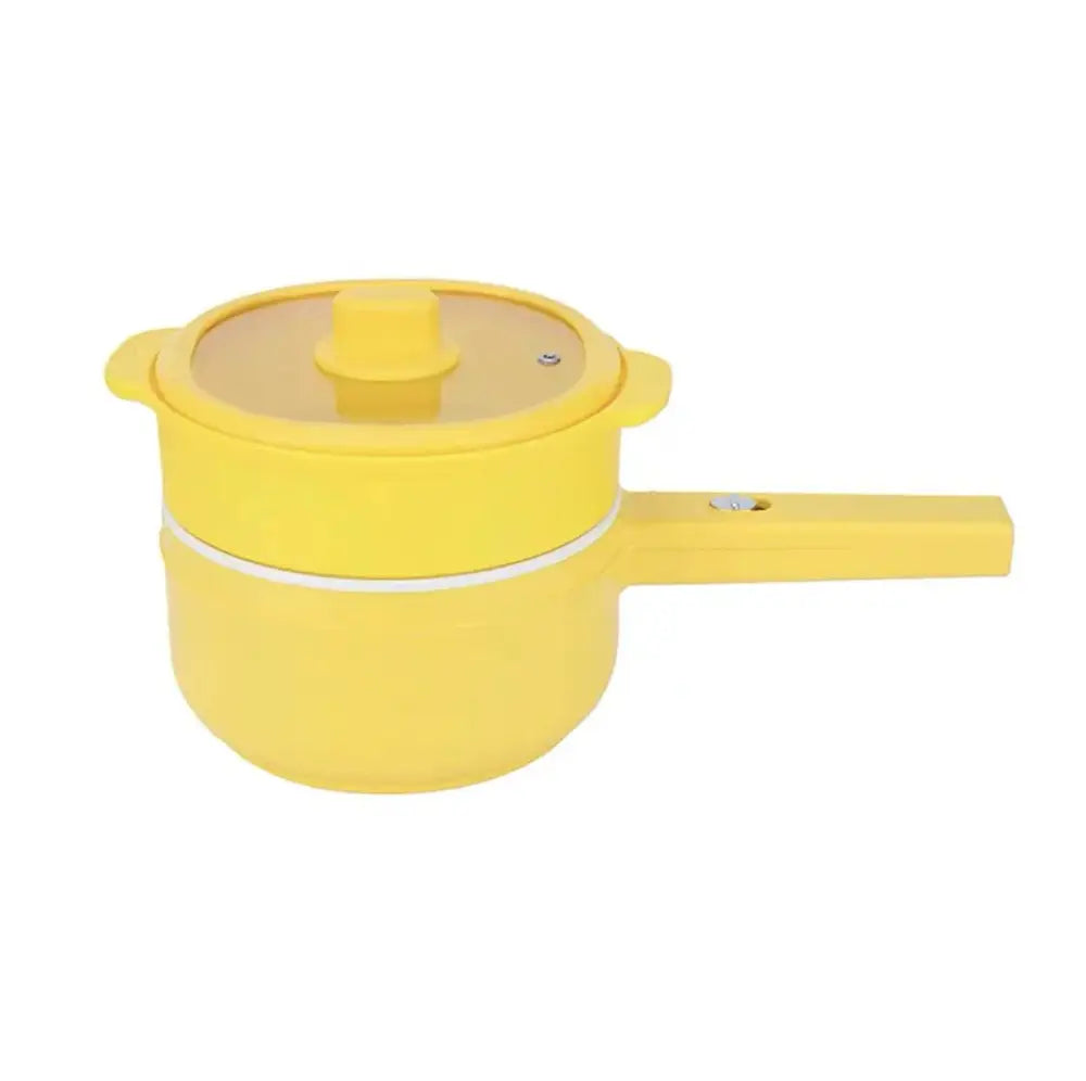 Bright yellow dual-layer mini multi cooker electric hot pot and frying pan with matching lid and handle
