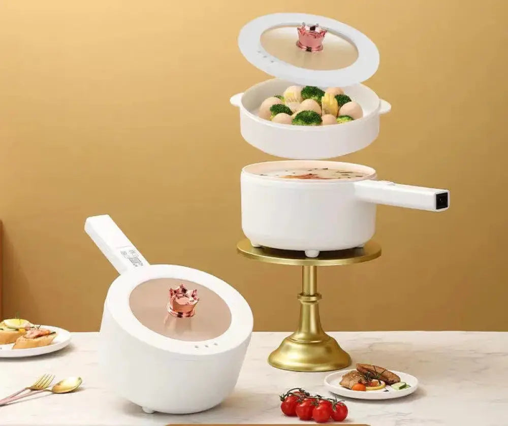 White electric mini multi cooker hot pot and frying pan with rose gold crown lid accents and sleek modern design