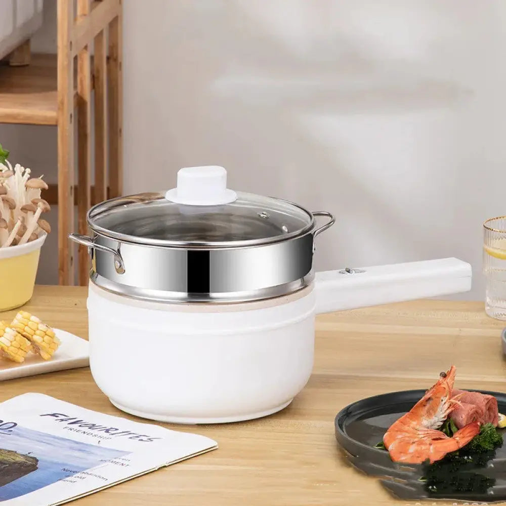 White electric mini multi cooker with stainless steel lid and handle for hot pot and frying pan cooking use