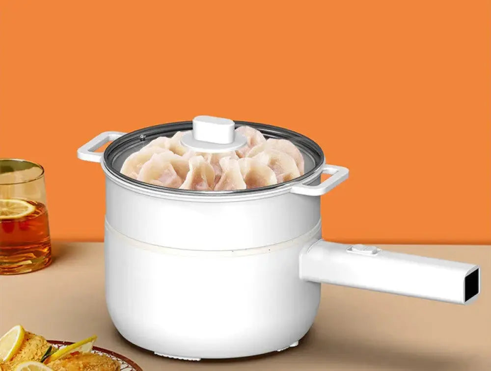 White electric mini multi cooker with glass lid and dual handles for hot pot and frying pan use