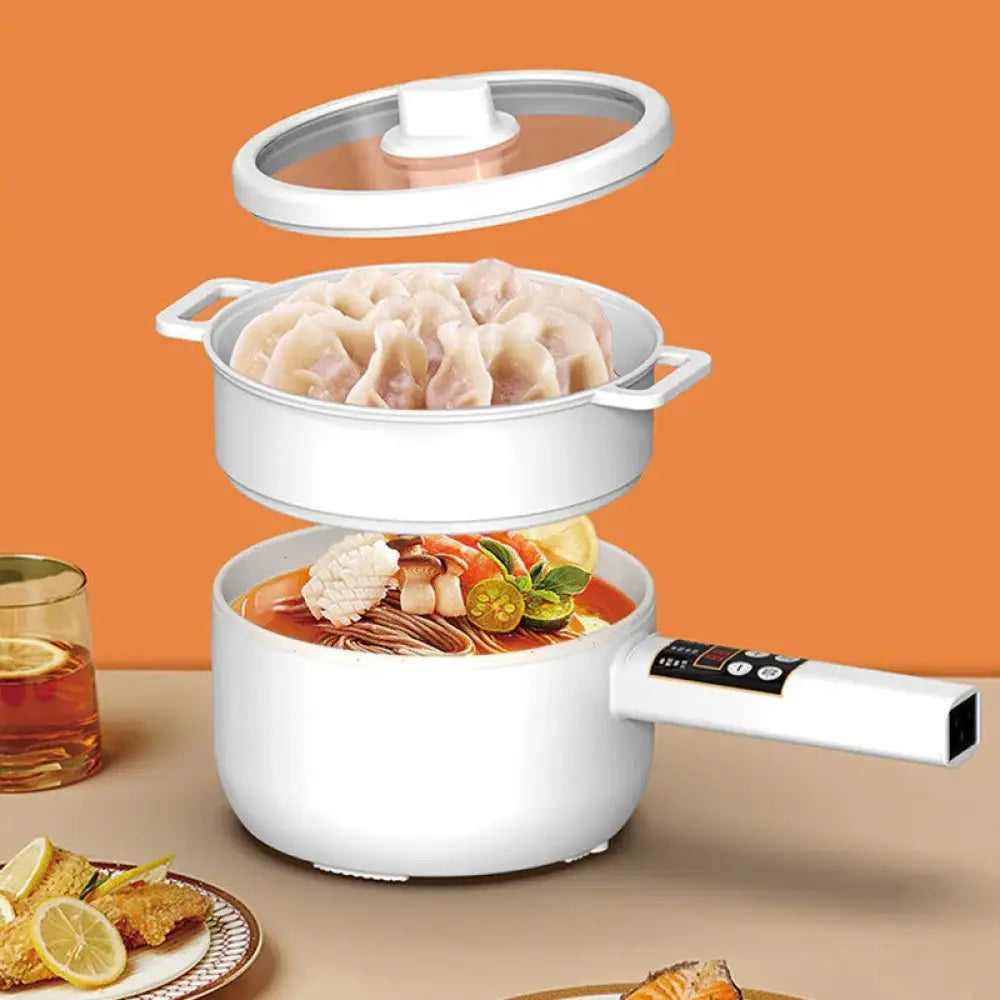White electric mini multi cooker with glass lid digital control and two stacked cooking levels for dumplings and seafood noodles