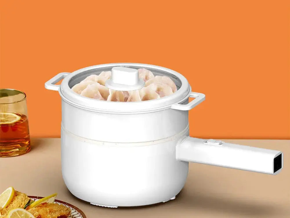 White electric mini multi cooker with transparent lid and side handles designed for hot pot and frying pan use