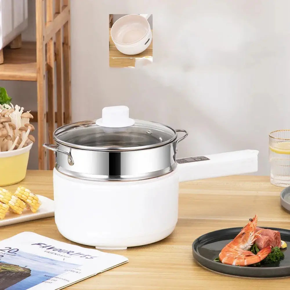 White electric mini multi cooker with stainless steel inner pot and glass lid for hot pot and frying pan use