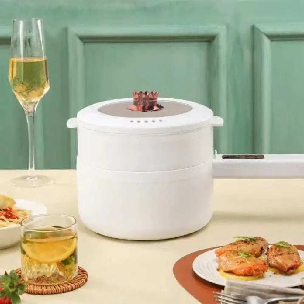 White electric mini multi cooker with rose gold crown shaped lid handle for hot pot and frying pan use