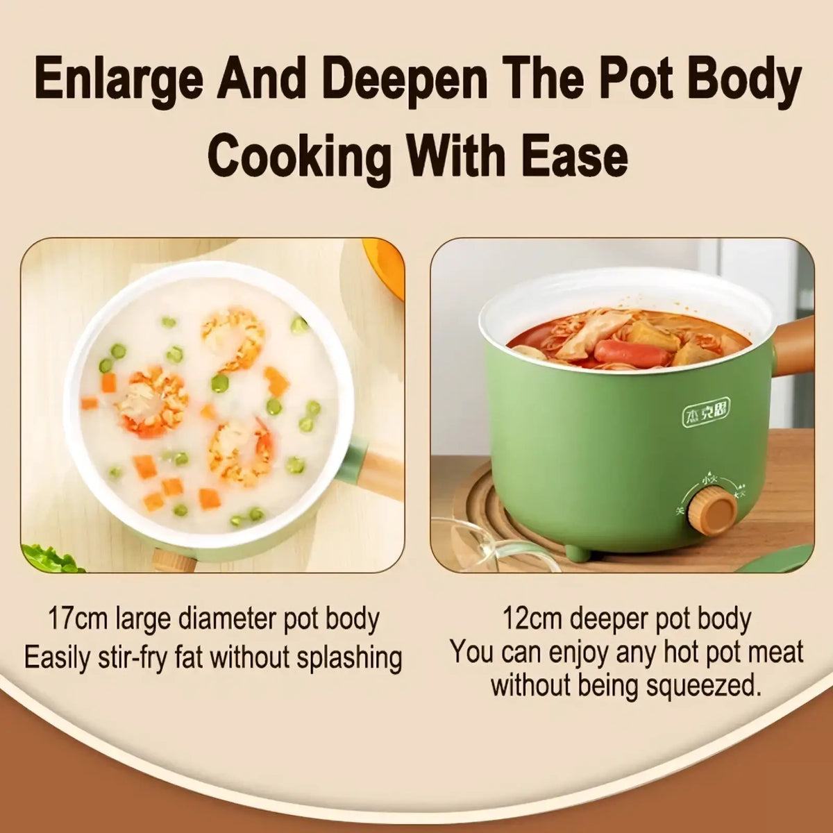 Green multifunctional electric hot pot with nonstick coating, wooden handle, and control knob for versatile cooking