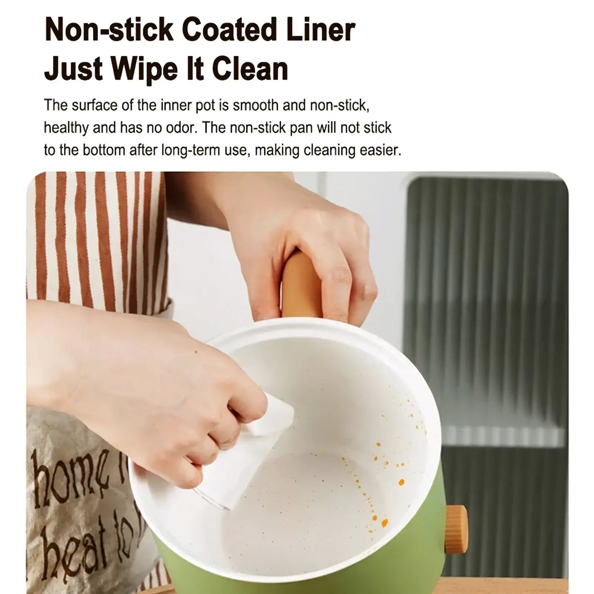 Green non-stick coated inner pot with wooden handle and knob for multifunctional electric hot pot nonstick cooker
