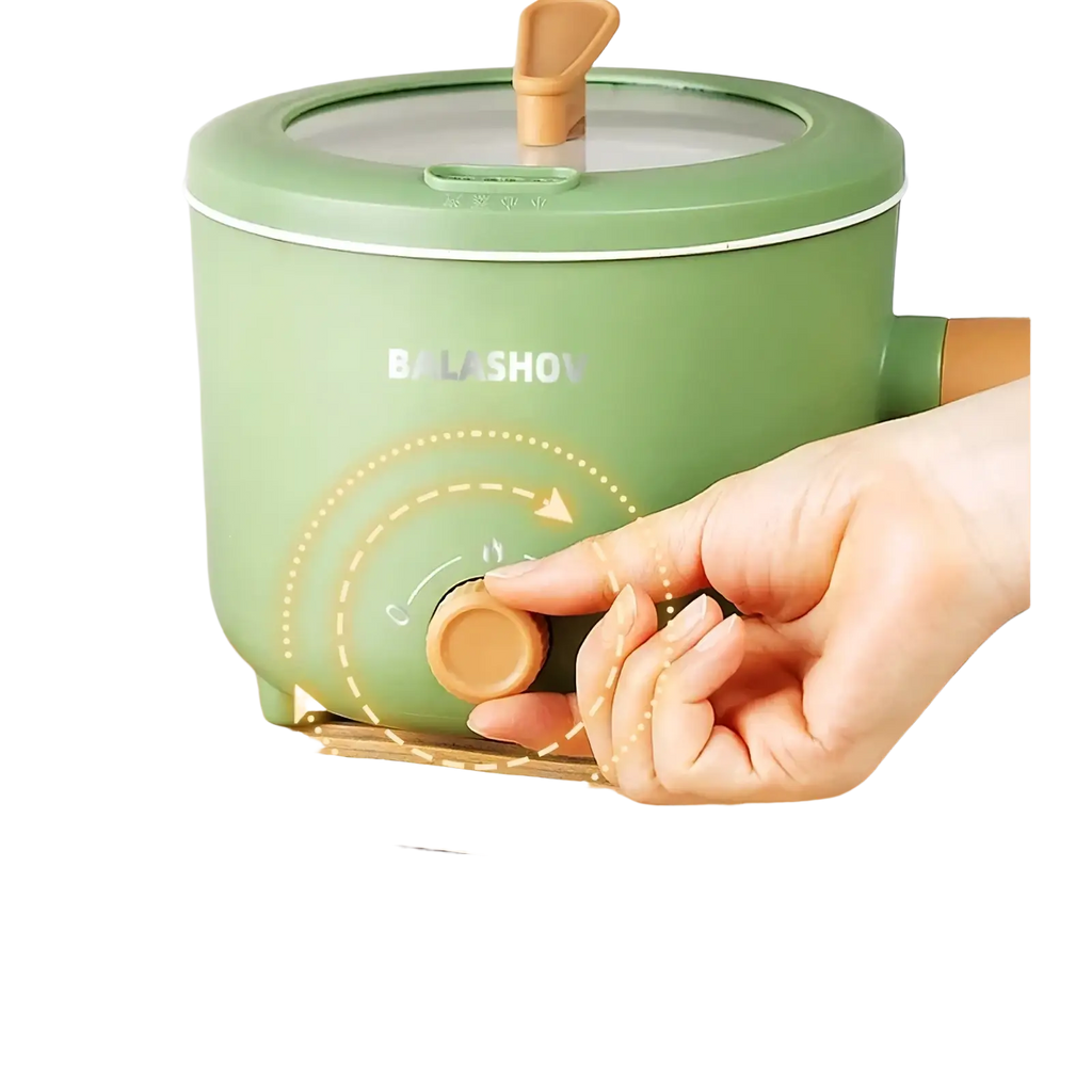 Mint green balashov multifunctional electric hot pot with nonstick cooker, clear glass lid, and wooden handle