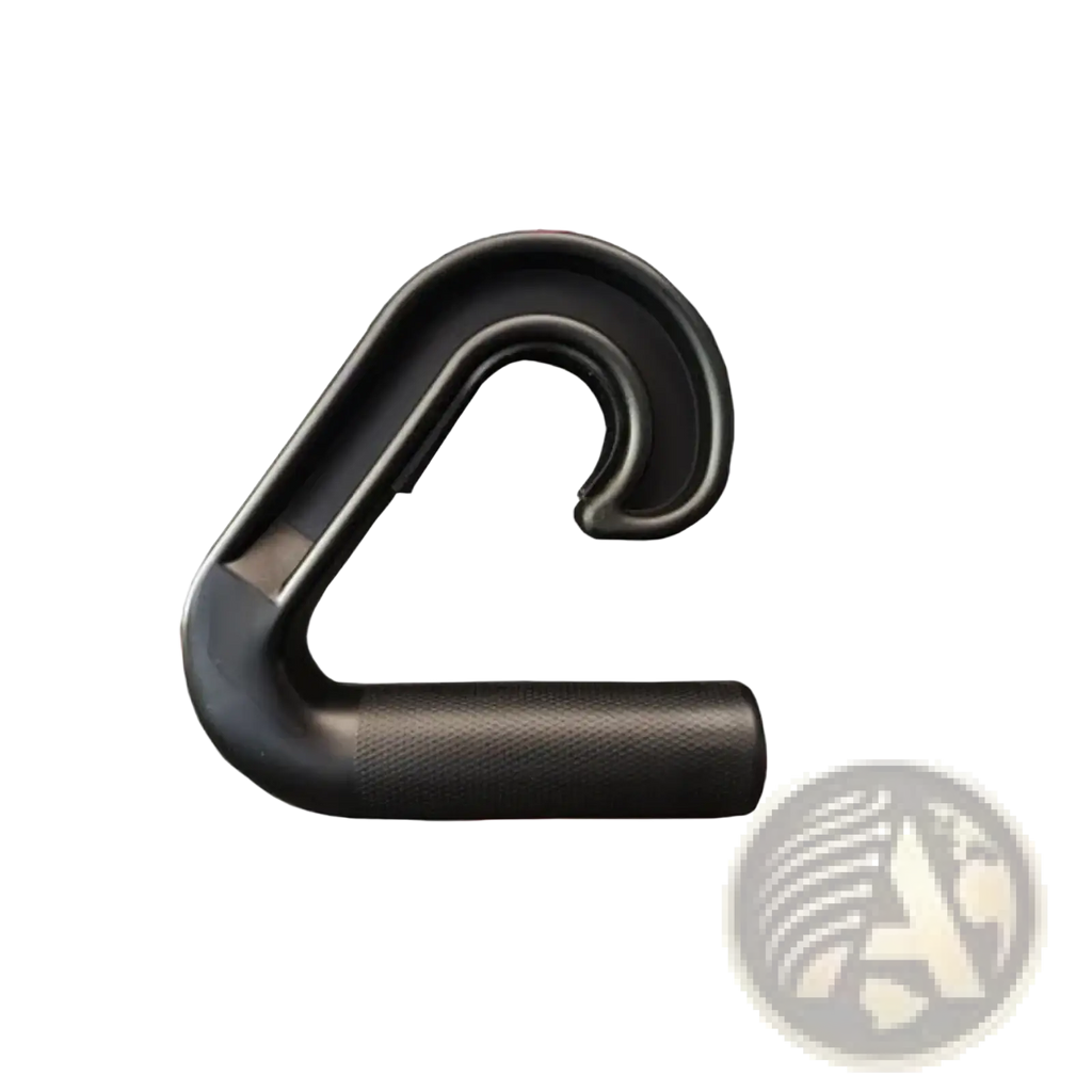 Black plastic multifunctional gym handle resistance band attachment with textured surface and curved hook design