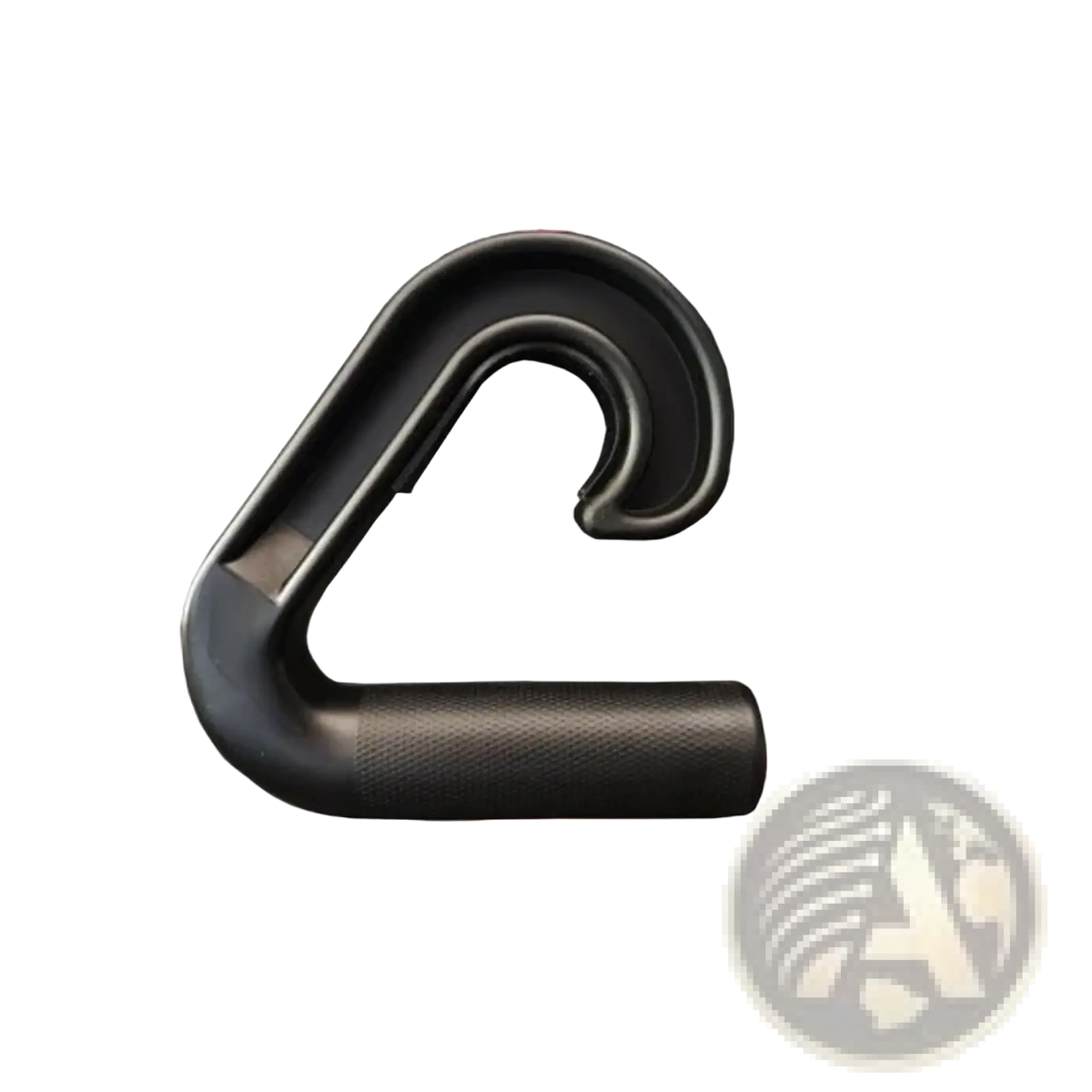 Black plastic multifunctional gym handle resistance band attachment with textured surface and curved hook design