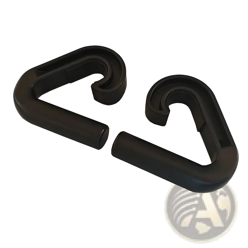 Black plastic multifunctional gym handle resistance band attachment carabiner clips with textured grip and curved design