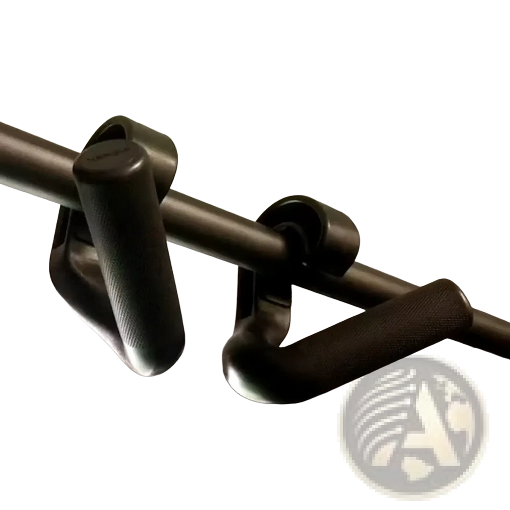Black textured grip handles made of durable material mounted on a metal bar for multifunctional gym resistance bands