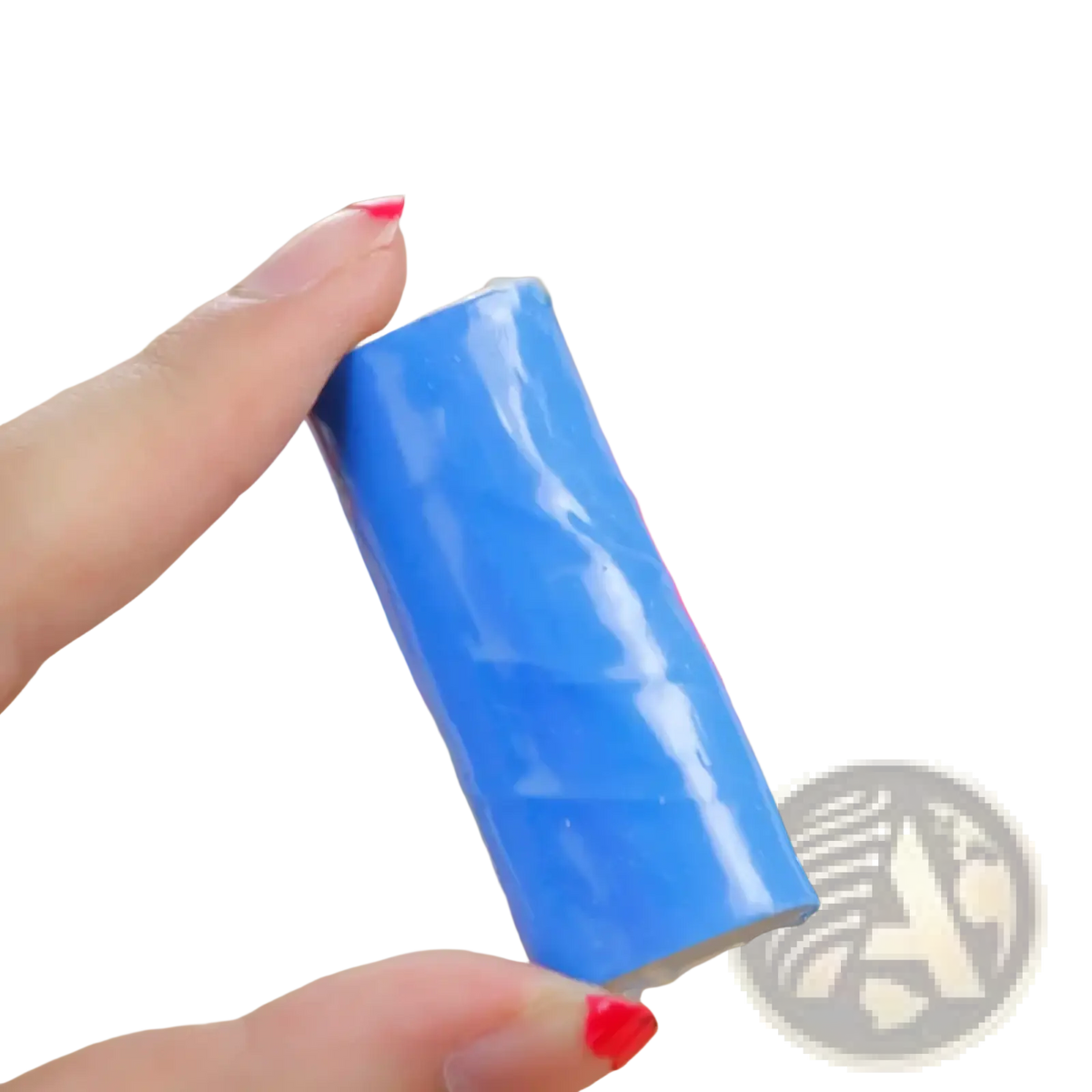 Multifunctional kitchen scrub brush for pots and pans with a blue cylindrical eraser and glossy finish held in hand