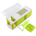 Multifunctional vegetable grater and slicer set with lime green and white body, stainless steel blades, peelers, and attachments