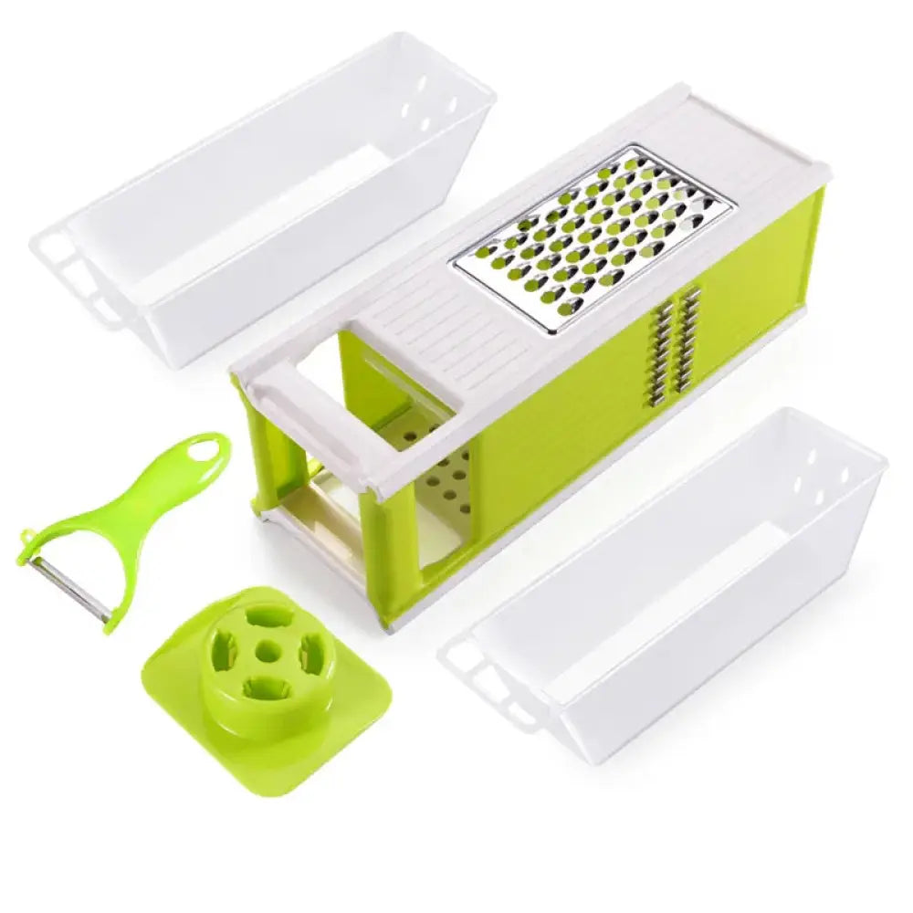 Multifunctional lime green and white vegetable grater and slicer set with interchangeable blades for versatile use
