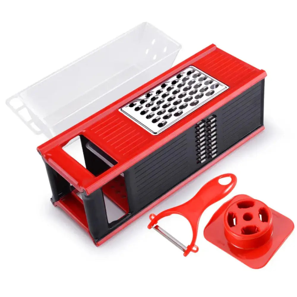 Multifunctional vegetable grater and slicer set with red and black body, stainless steel grating surface, peeler, and circular attachment
