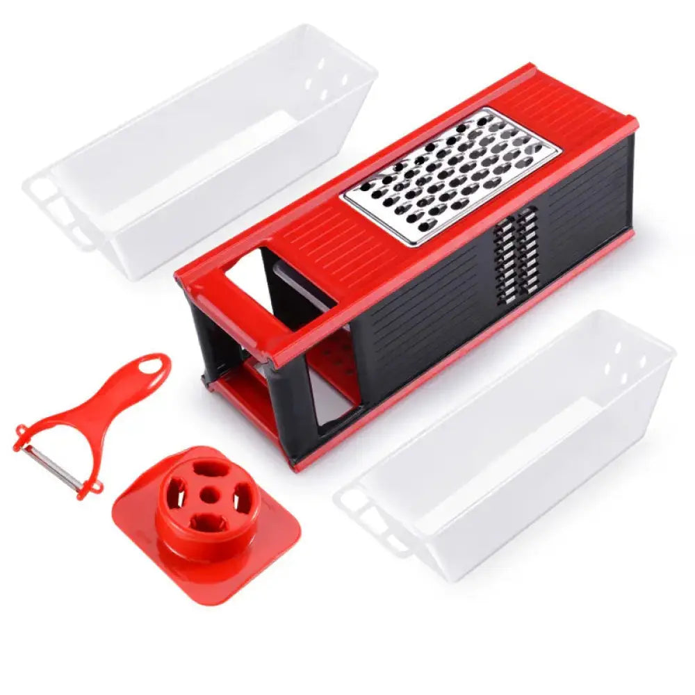 Multifunctional red and black kitchen grater and slicer set with interchangeable stainless steel blades for vegetables